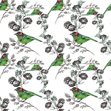 Kuşlar ve çiçeklerle kusursuz desen