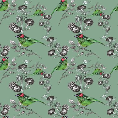 Kuşlar ve çiçeklerle kusursuz desen