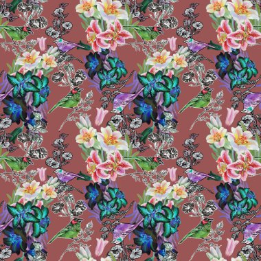 Kuşlar ve lily ile Seamless Modeli