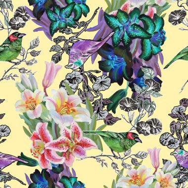 Kuşlar ve lily ile Seamless Modeli