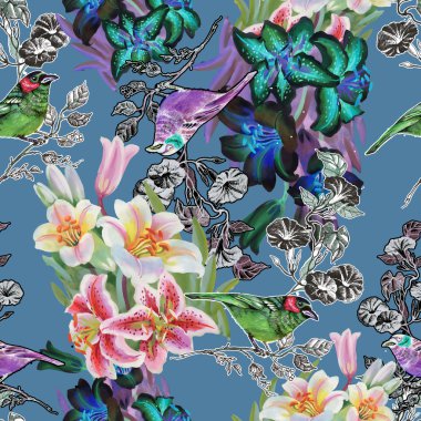 Kuşlar ve lily ile Seamless Modeli