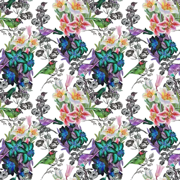 Seamless pattern with birds and lily — Stock Photo, Image