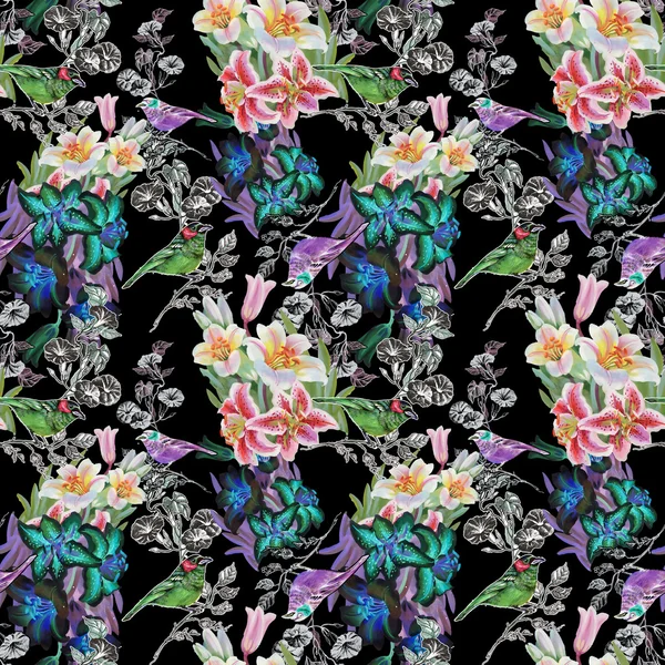 Seamless pattern with birds and lily — Stock Photo, Image