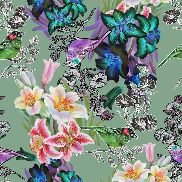 Nahtloses Muster mit Vögeln und Lilien — Stockfoto