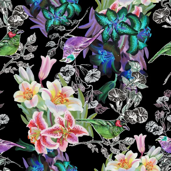 Seamless pattern with birds and lily — Stock Photo, Image