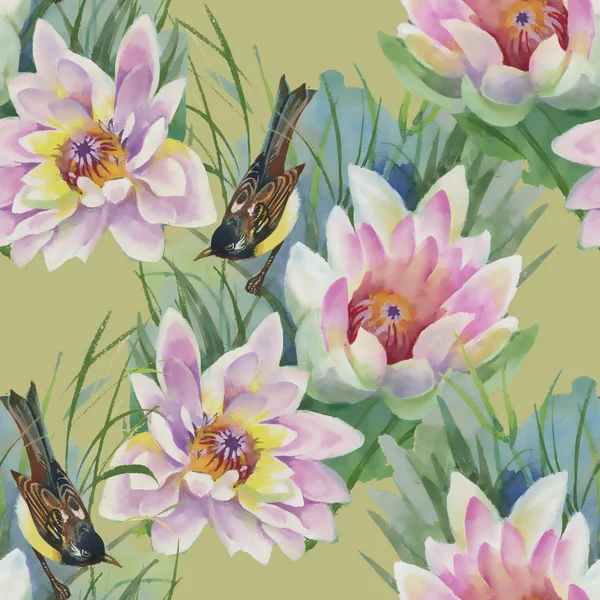 Seamless mönster med fåglar och liljor — Stockfoto