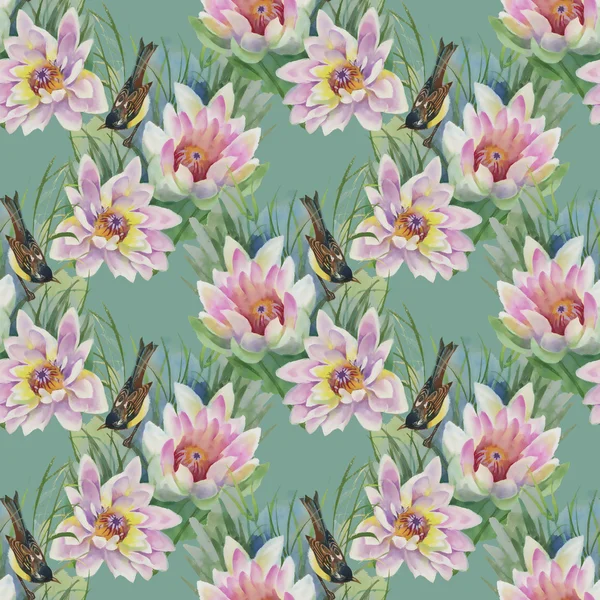 Nahtloses Muster mit Vögeln und Lilien — Stockfoto