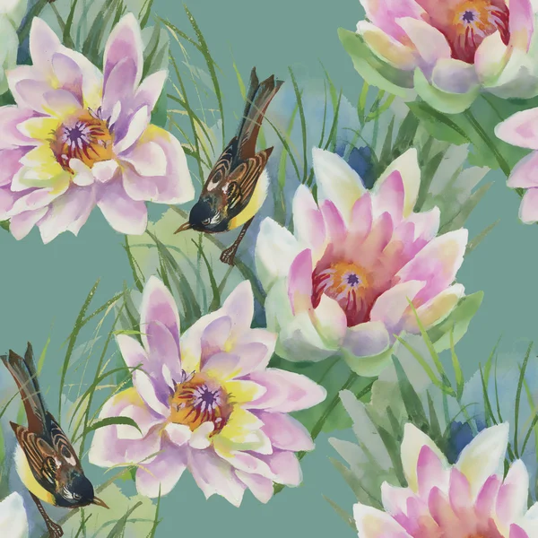 Naadloze patroon met vogels en lelies — Stockfoto