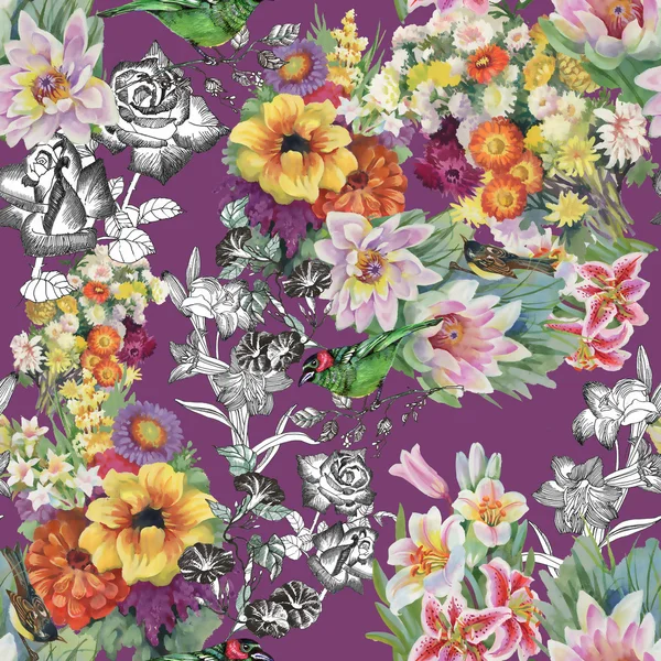 Birds with flowers seamless pattern — Stock Photo, Image