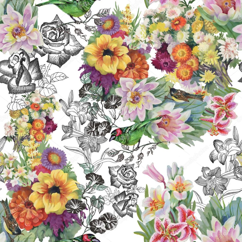 Birds with flowers seamless pattern