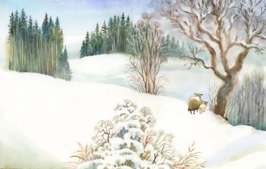 Koyunları ile kış manzarası