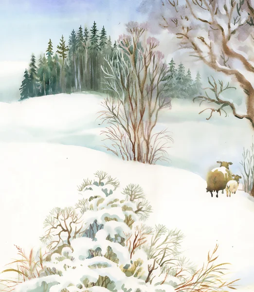 Paysage hivernal avec moutons — Photo