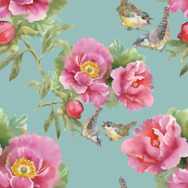 Kuşlar ve pembe çiçekler