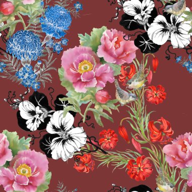 Pembe ve kırmızı çiçekler seamless modeli