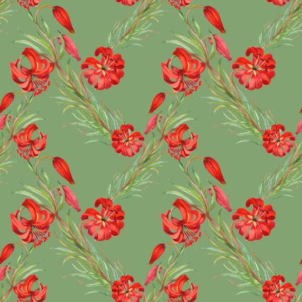 Akwarela czerwony kwiaty wzór — Zdjęcie stockowe