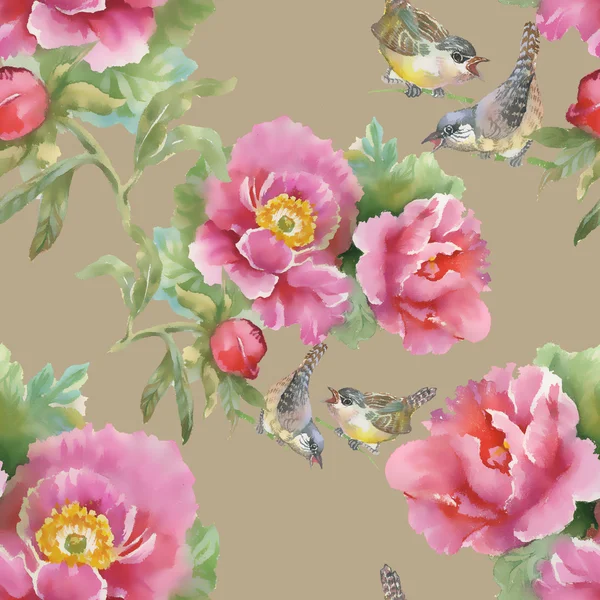 Ptáci a růžové květy — Stock fotografie