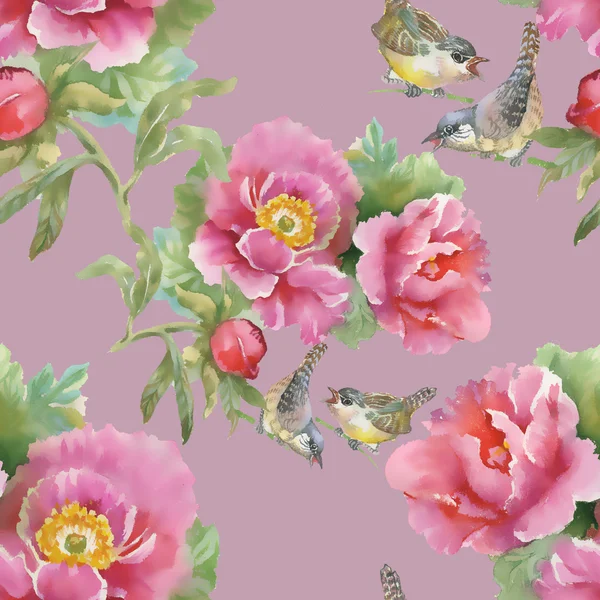 Birds and pink flowers — Stock Photo, Image