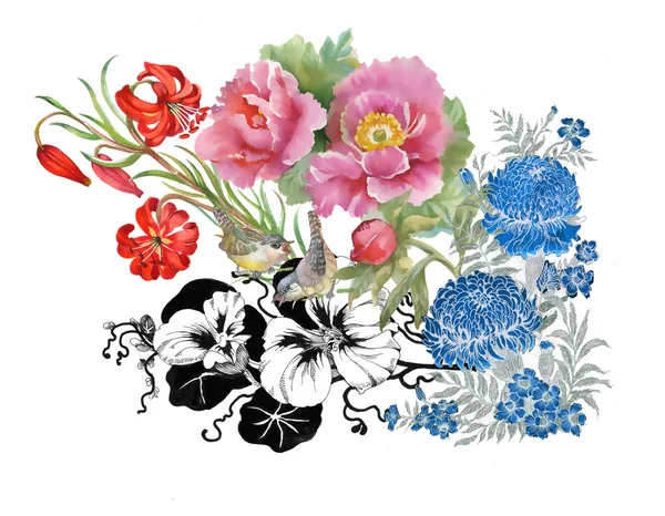 Rosa, blaue und rote Blüten — Stockfoto