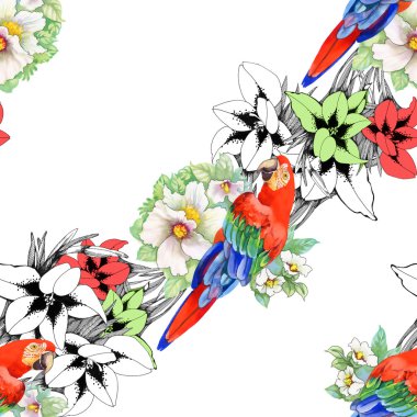 Çiçek desenli üstünde papağan