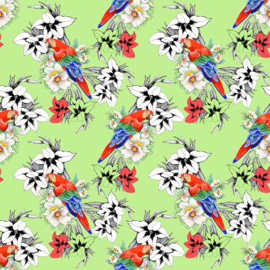 Çiçek desenli üstünde papağan
