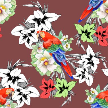 Çiçek desenli üstünde papağan