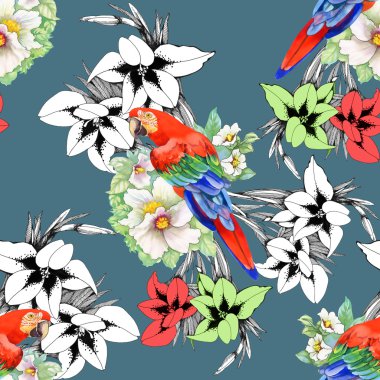 Çiçek desenli üstünde papağan