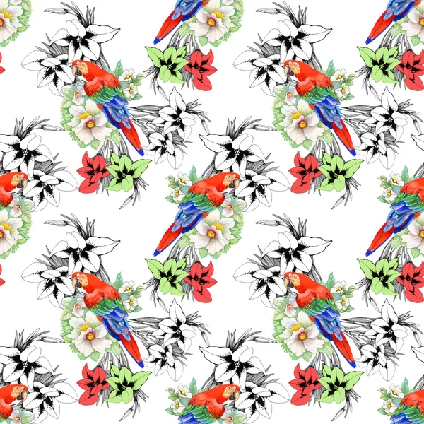 Parrots on floral pattern — Stock Photo, Image