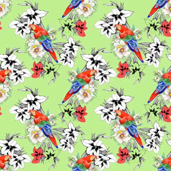 Parrots on floral pattern — Stock Photo, Image