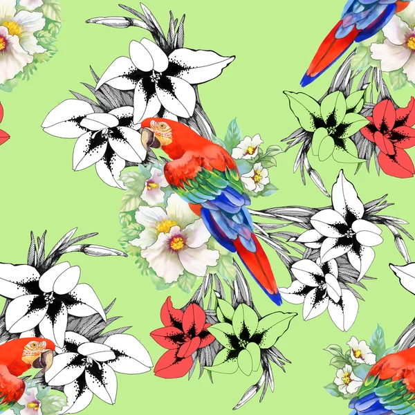 Попугаи на цветочном узором — стоковое фото
