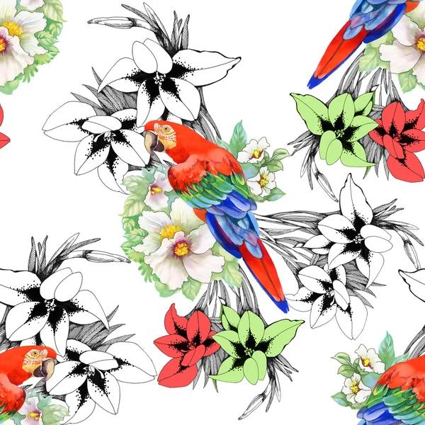 Papagaios no padrão floral — Fotografia de Stock