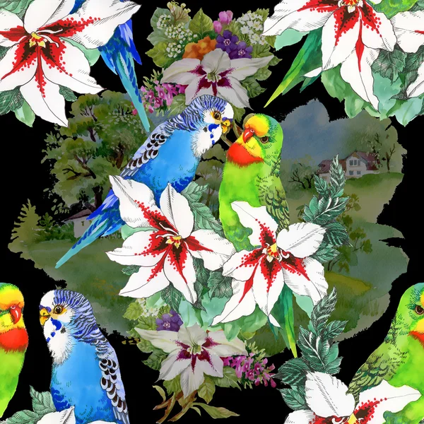 Parrots and beautiful flowers — Stock Photo, Image