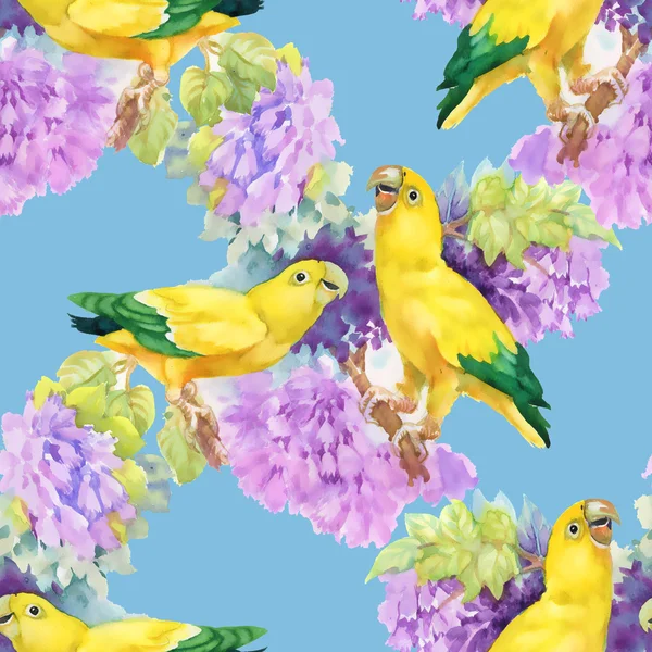 Papegojor och vackra blommor — Stockfoto
