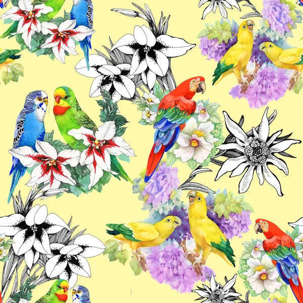 Parrots and beautiful flowers — Stock Photo, Image