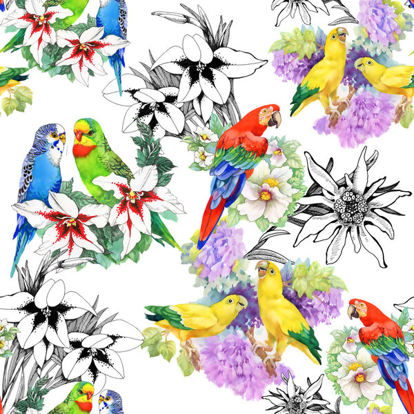 Parrots and beautiful flowers