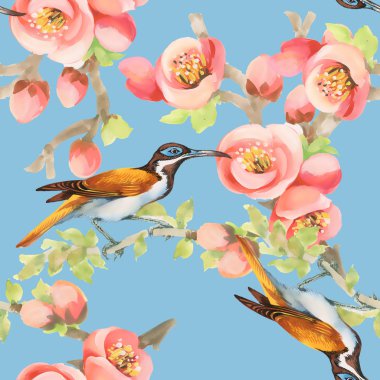 Kuşlar ve çiçeklerle kusursuz desen