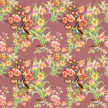 Kuşlar ve çiçeklerle kusursuz desen
