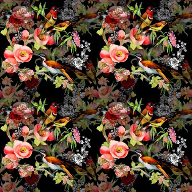 Kuşlar ve çiçeklerle kusursuz desen