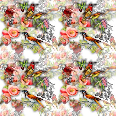 Kuşlar ve çiçeklerle kusursuz desen