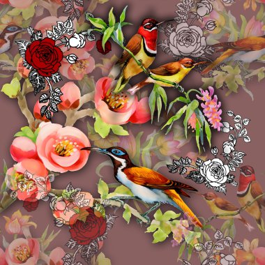 Kuşlar ve çiçeklerle kusursuz desen
