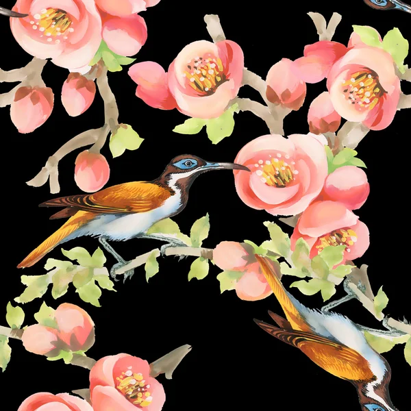 Zökkenőmentes minta madarakkal és virágokkal — Stock Fotó