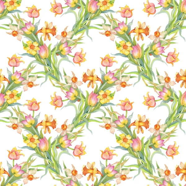 Nahtloses Muster mit bunten Tulpen und Narzissen — Stockfoto