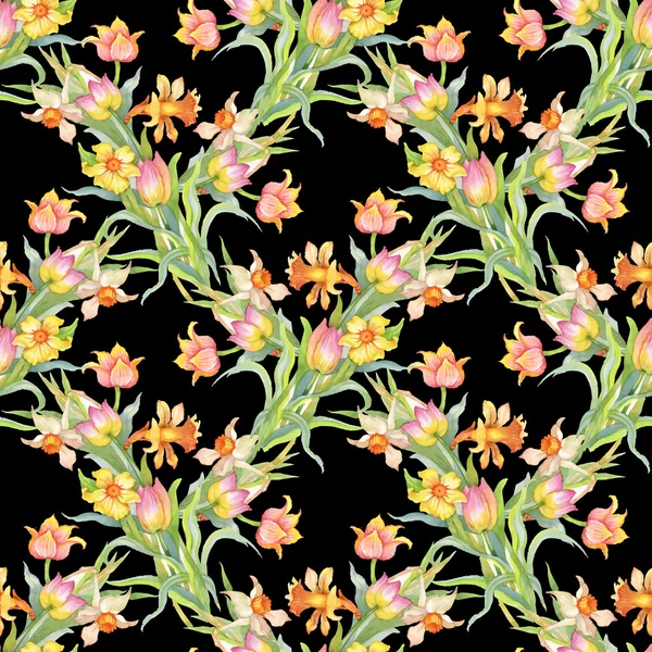 Motif sans couture avec tulipes et jonquilles colorées — Photo