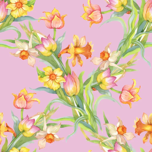 Bezešvé vzor s barevnými tulipány a narcisy — Stock fotografie