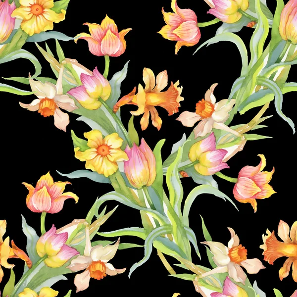 Seamless pattern with colorful tulips and daffodils — Stock Photo, Image