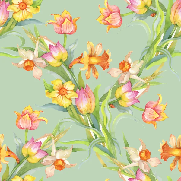 Nahtloses Muster mit bunten Tulpen und Narzissen — Stockfoto
