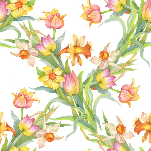 Padrão sem costura com tulipas coloridas e narcisos — Fotografia de Stock