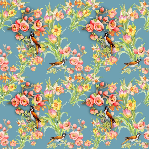 Seamless pattern with birds and flowers — Stock Photo, Image