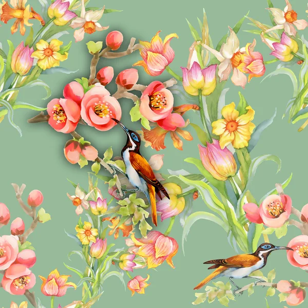 새들 과꽃들 이 무미건조 한 무늬를 이루는 모습 — 스톡 사진