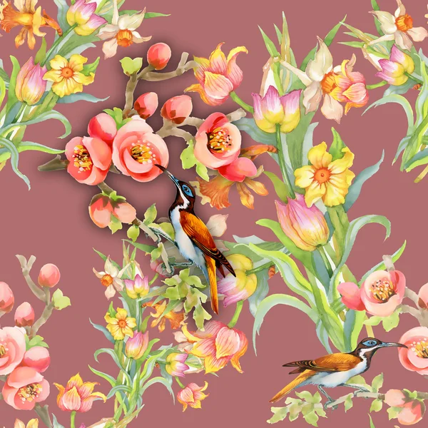 Hladký vzor s ptáky a květinami — Stock fotografie