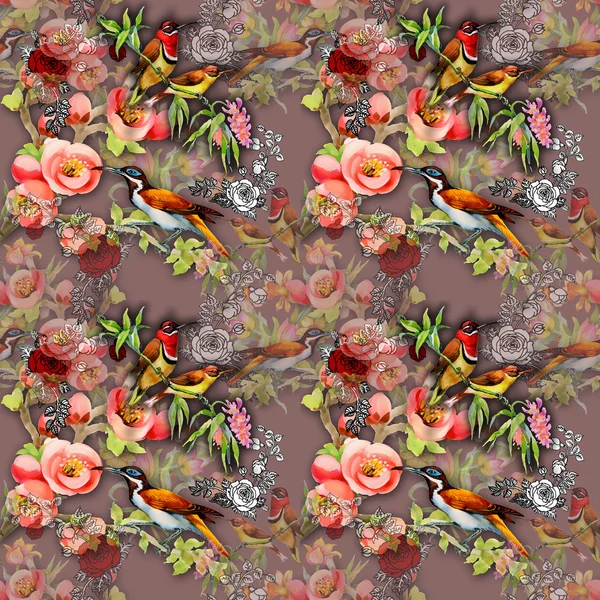 Seamless pattern with birds and flowers — Stock Photo, Image